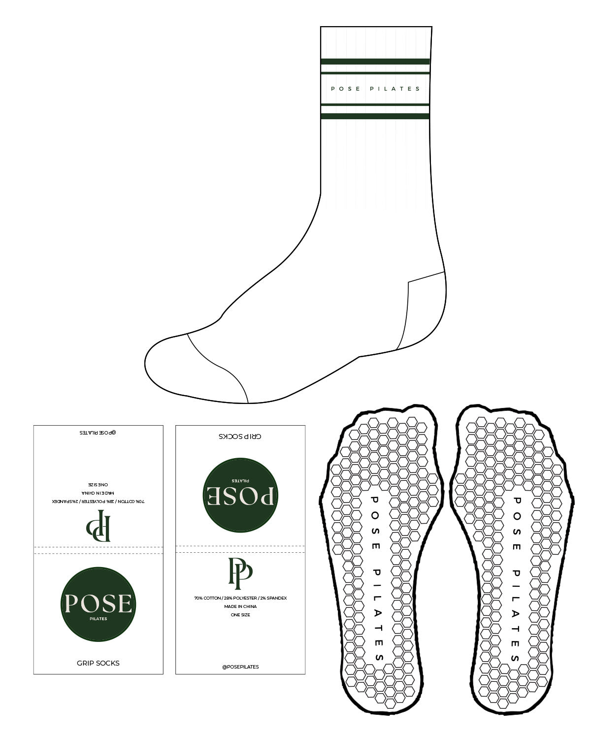 The Crew Sock - White - Pose Pilates - Center - Dark Green