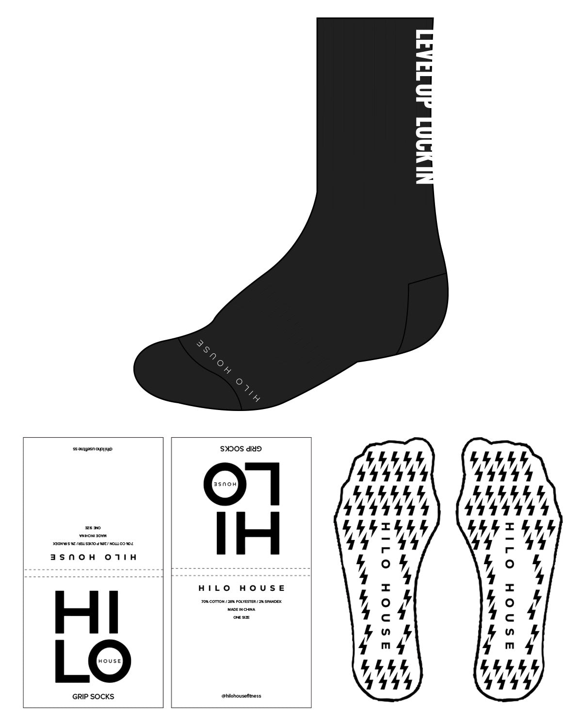 The Crew Sock - Black - HiLo - Tip & Back- Transparent Lightning Bolt Grip - White