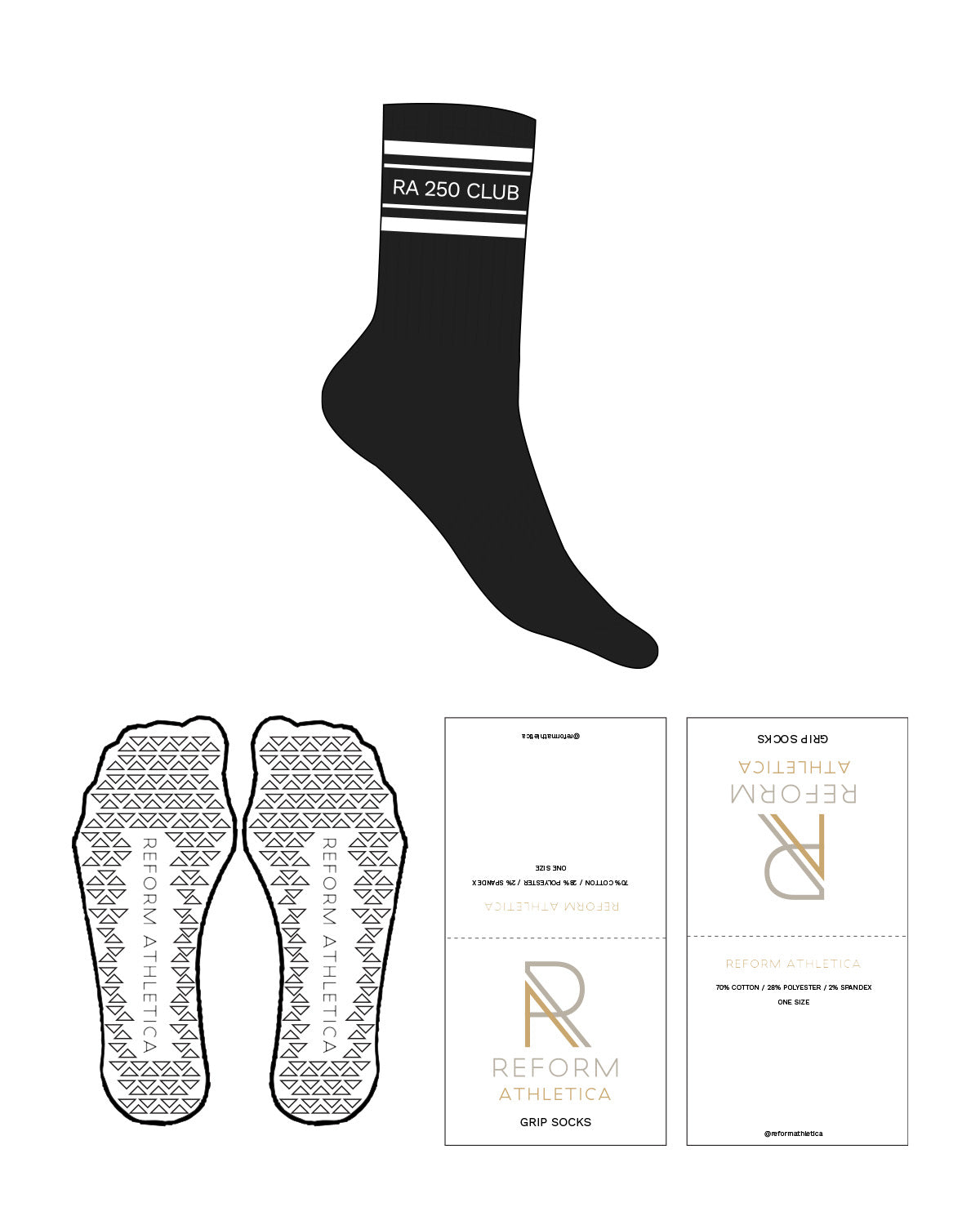 The Crew Sock - Black - Reform Athletica - Top 2 Stripes " RA 250 CLUB " - White - Triangle Shape Grip - White
