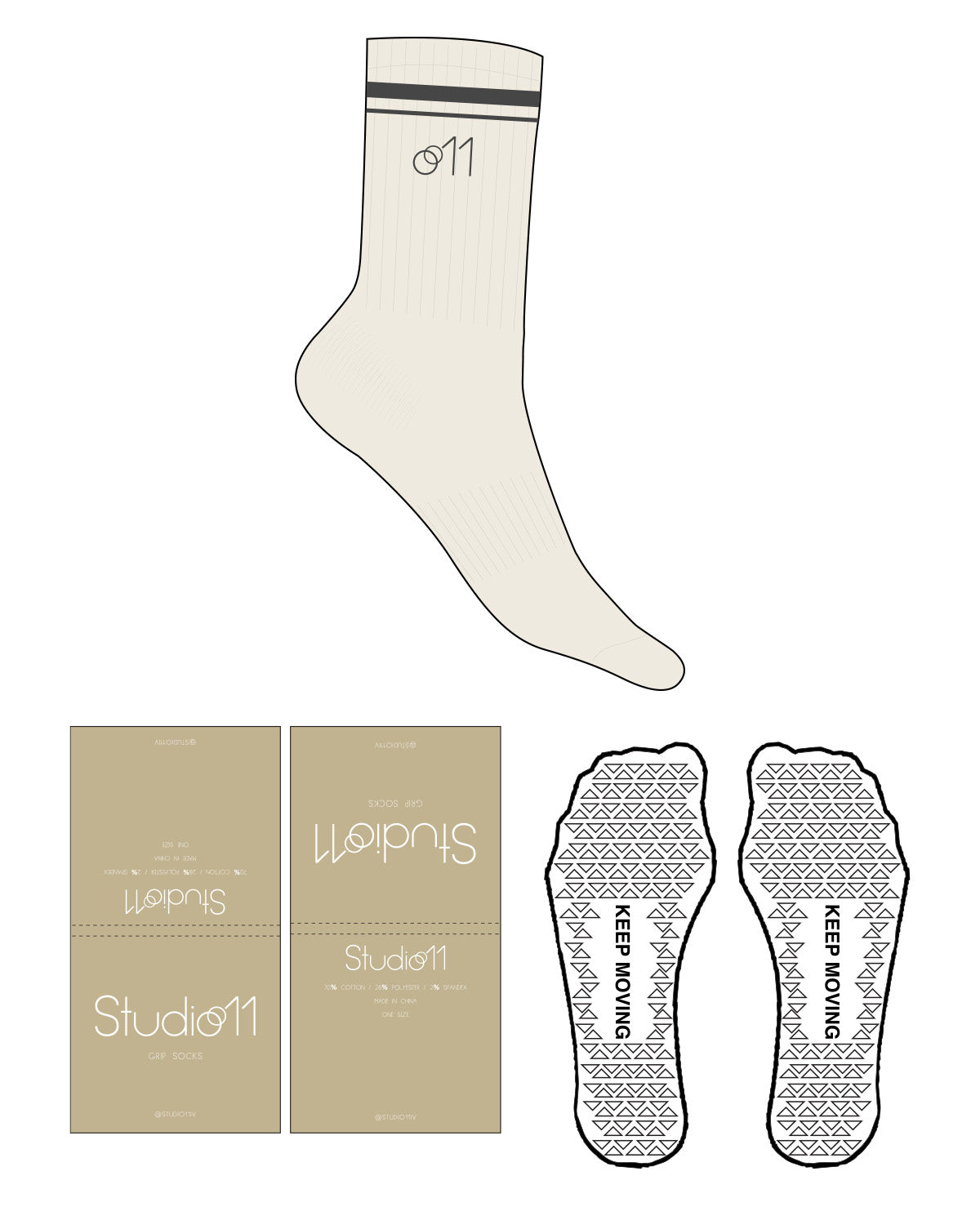 The Crew Sock - Off White - Studio 11 - Ankle with Border - Transparent Triangle Grip - Embroidered - Charcoal