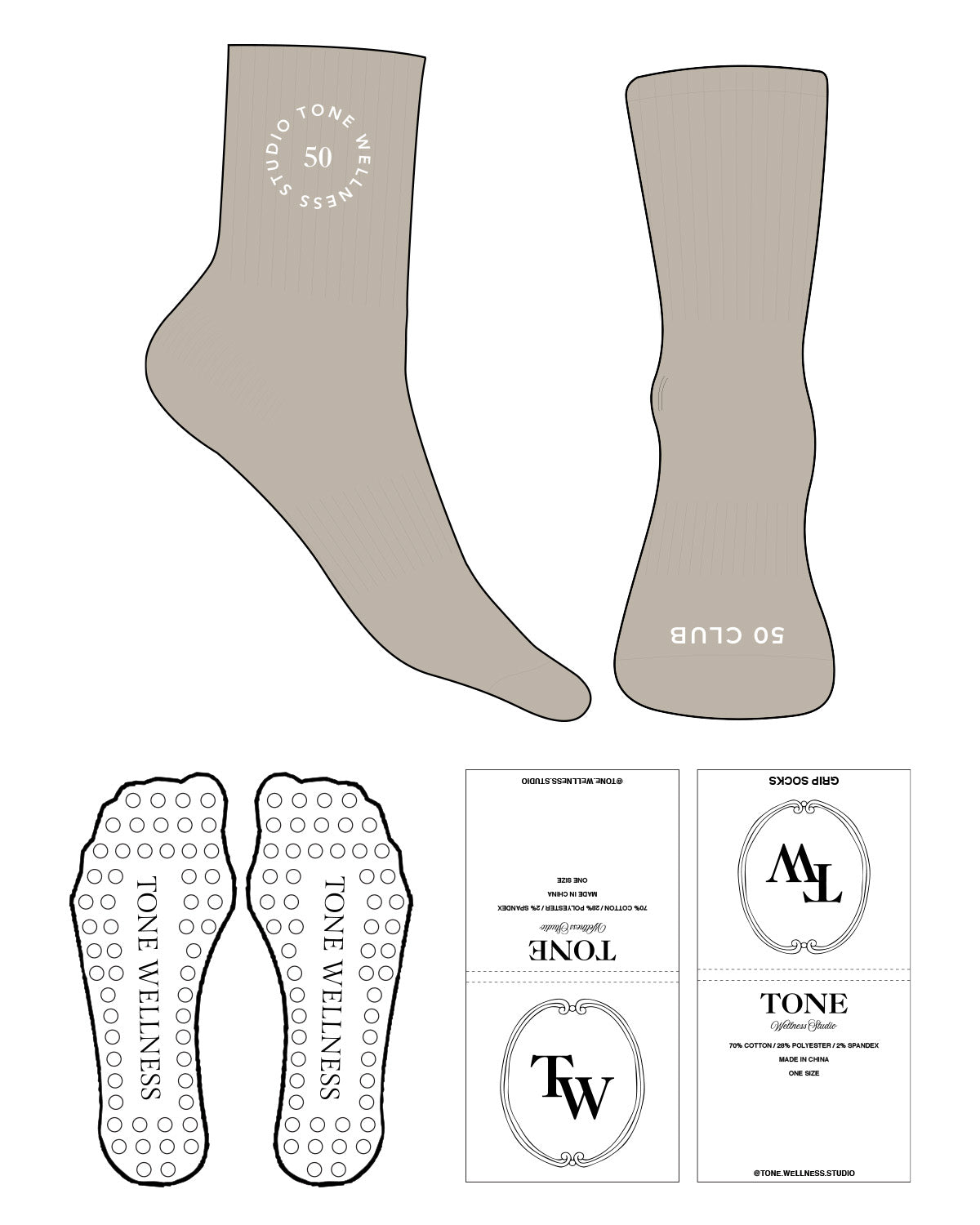 The 3/4 Crew Sock - Tan - Tone Wellness Studio - Front & Side "50 Club" - White Circle Grip - White