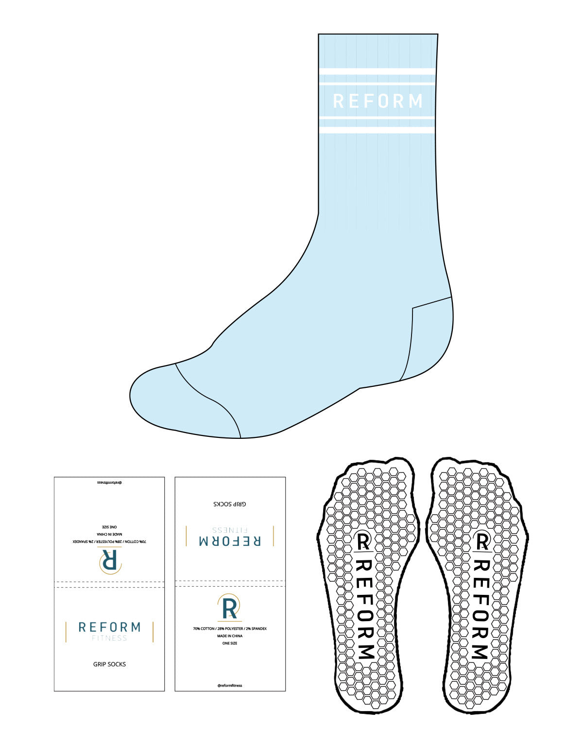 The Crew Sock - Light Blue - Reform Fitness - 4 Strips - Logo Between Strips - White - Hexagon Shape Grip - Transparent