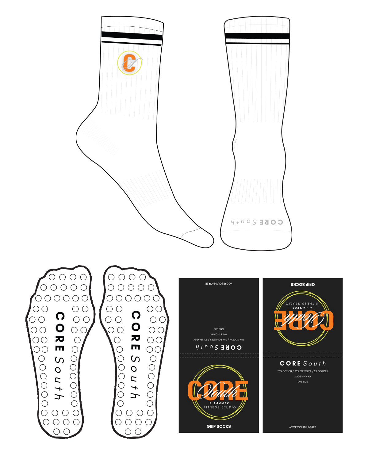 The 3/4 Crew Sock - White - Core South Lagree - 2 Strips - Top and Front Logos - Full Color - Circle Shape Grip - Transparent
