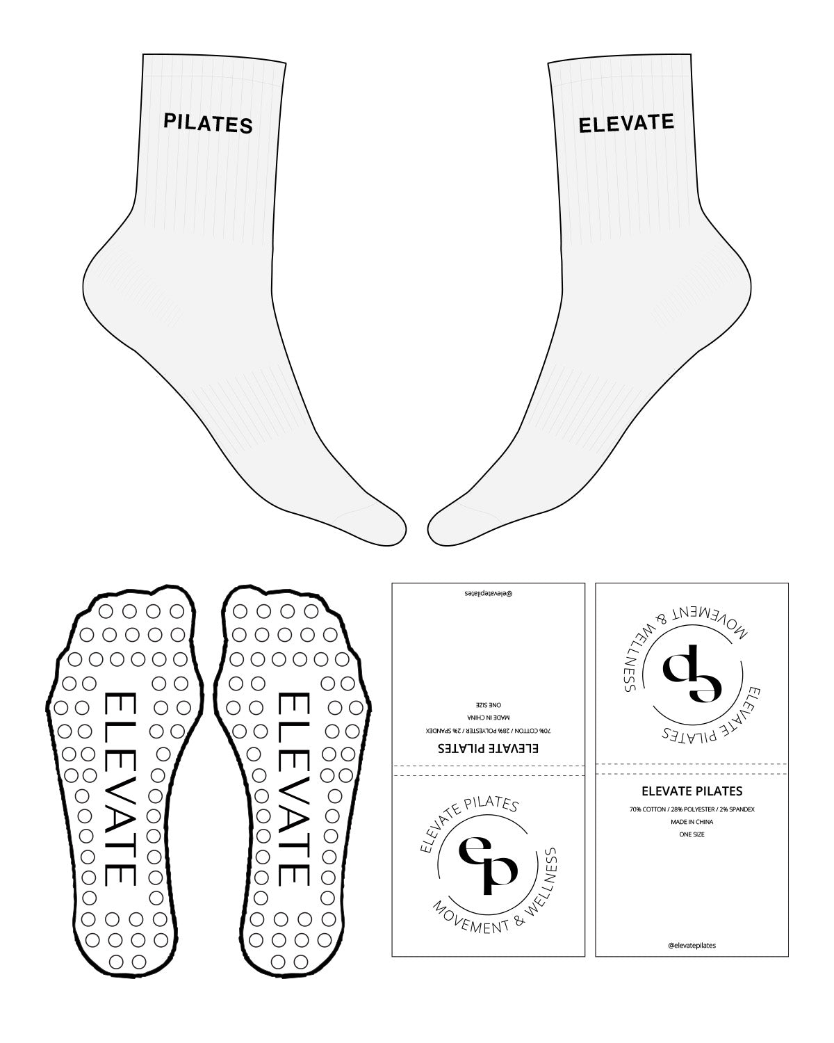 The 3/4 Crew Sock - White Heather - Elevate Pilates - Top Text - "Elevate Pilates" Logo - Black - Circular Shape Grip - Transparent