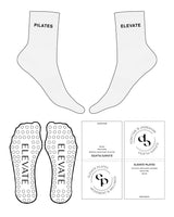 The 3/4 Crew Sock - White Heather - Elevate Pilates - Top Text - "Elevate Pilates" Logo - Black - Circular Shape Grip - Transparent