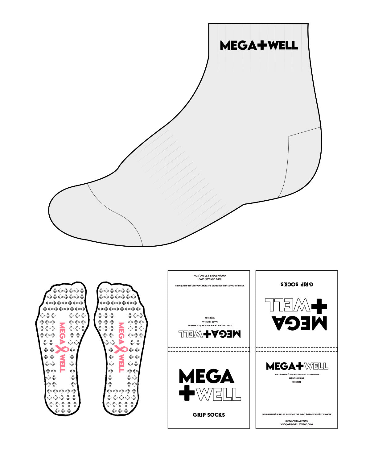 The 1/2 Crew Sock - Heather - Mega Well - Top & Pink Plus Grip - Black