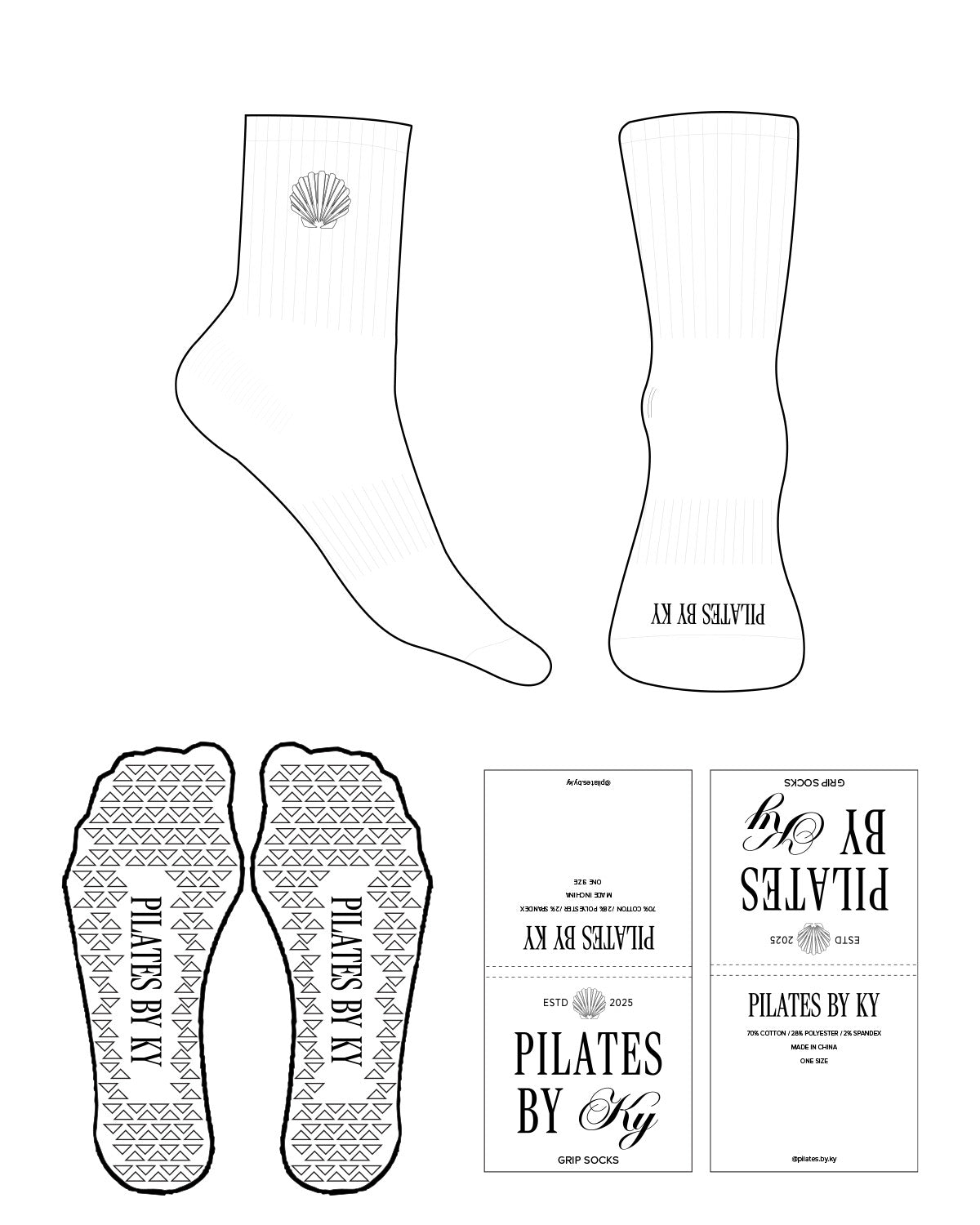 The 3/4 Crew Sock - White - Pilates By Ky - Top & Toe Logos - Black - Triangle Shape Grip - Transparent - Black