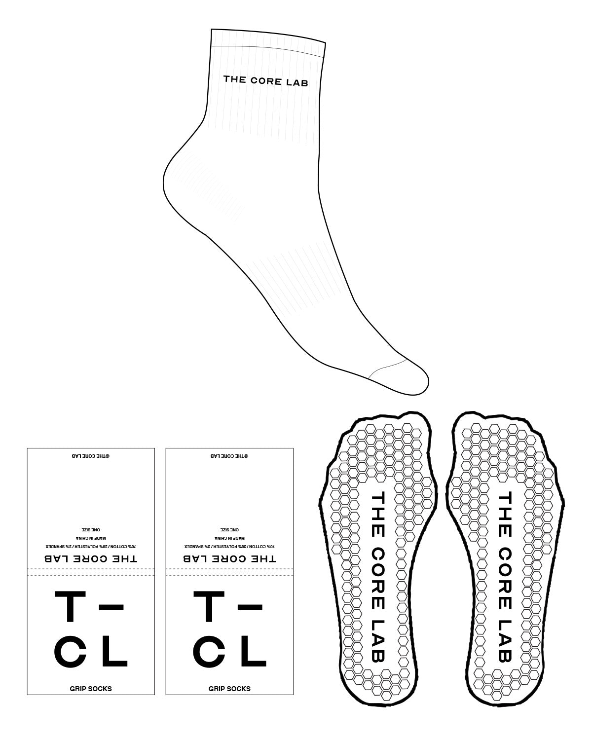 The 1/2 Crew Sock - White - Core Lab - Top Logo - Black - Hexagon Shape Grip - Black