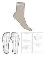 The 3/4 Crew Sock - Tan - Core Ritual - Ankle (Embroidered) & Stripes - Transparent Circle Grip - Off White