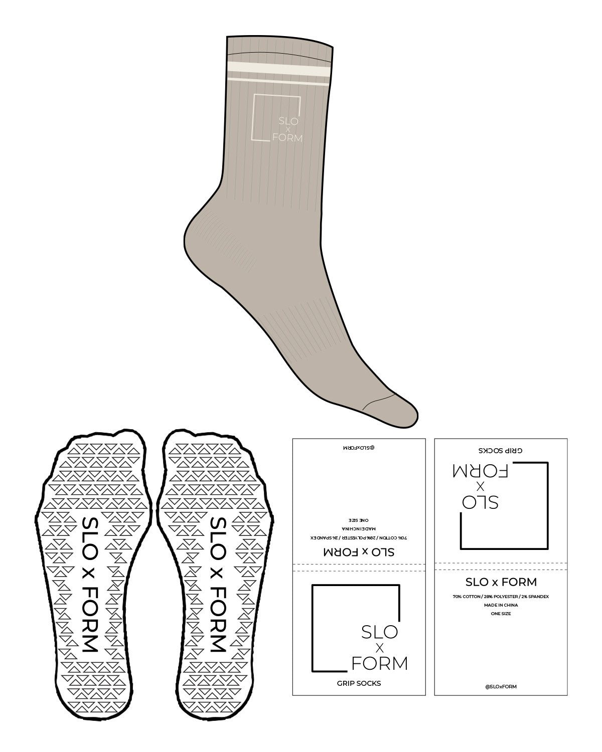 The Crew Sock - Tan - Slo x Form - Side & Thin Stripe - Transparent Triangle Grip - Off White