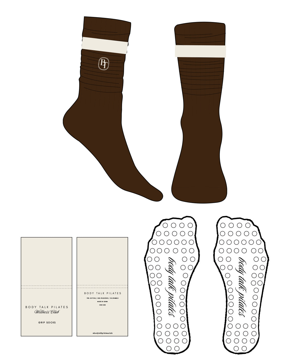 The Slouch Sock - Chocolate Brown - Body Talk Pilates - Single Strip - Top - Embroidered - Transparent Circle Grip -  Off White