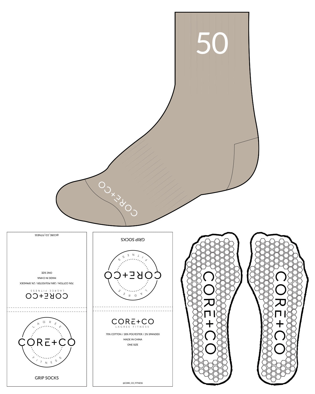 The 1/2 Crew Sock - Tan - Core&Co - Front & Top - White Hexagon Grip - White