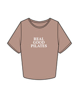 The Crop Tee - Clay - Real Good Pilates - Center Chest Stacked & Center Back Neckline - Printed - White