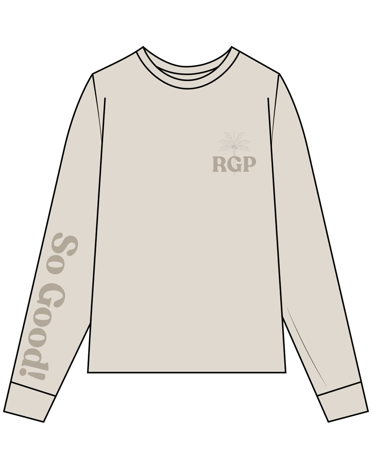 The Unisex Midweight Long Sleeve - Khaki - Real Good Pilates - Left Chest RGP & Right Arm Sleeve  - Printed - Tone on Tone