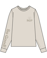 The Unisex Midweight Long Sleeve - Khaki - Real Good Pilates - Left Chest RGP & Right Arm Sleeve  - Printed - Tone on Tone