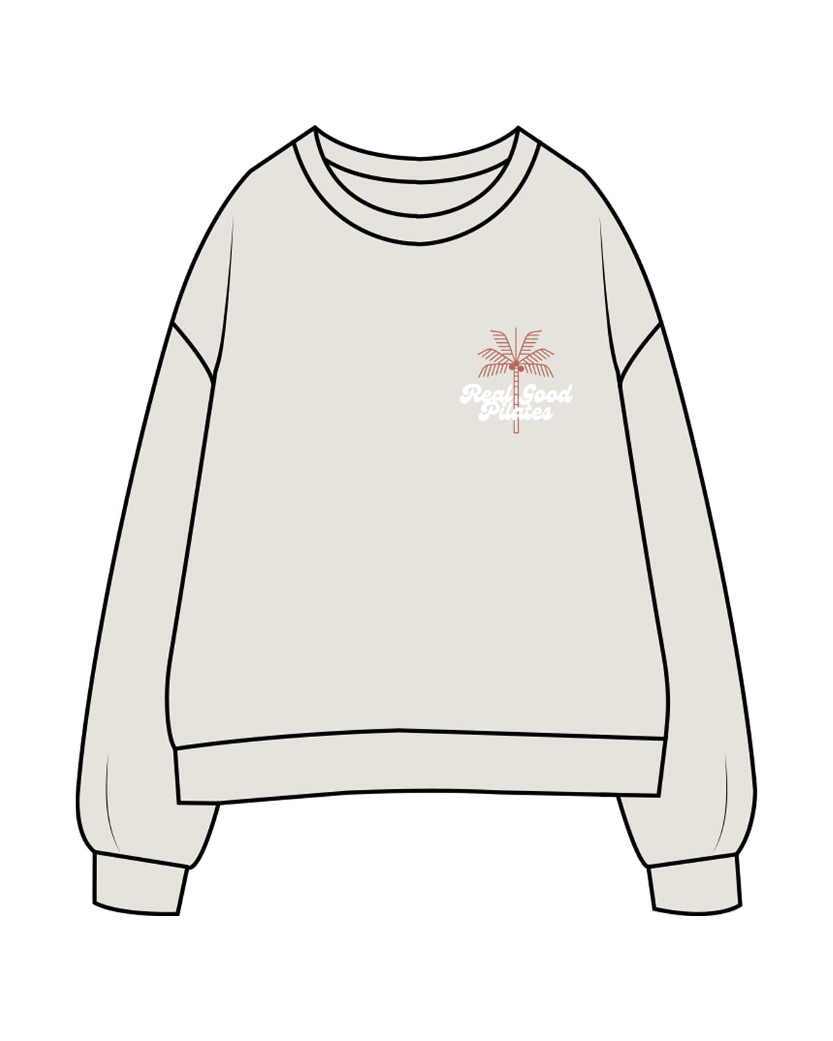 The Womens Crewneck - Washed Bone - Real Good Pilates - Left Chest Stacked & Center Back Stacked - Printed - Full Color