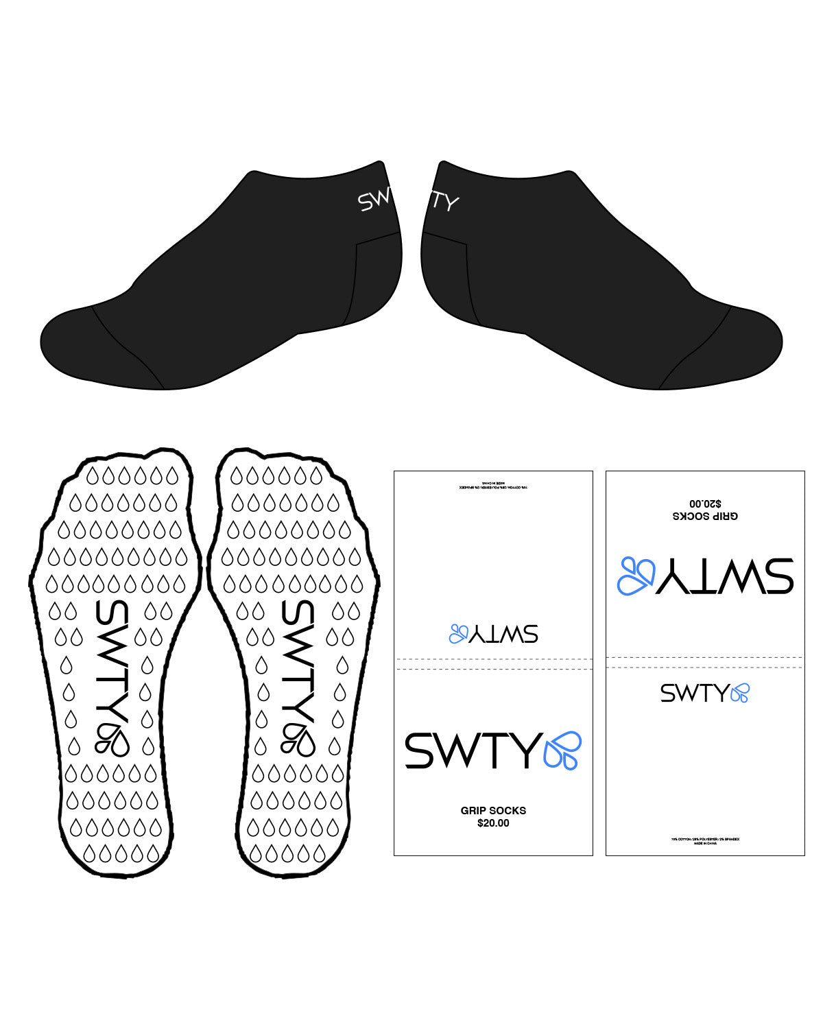The Ankle Grip Sock - Black - SWTY - Back Top & Drip Shape Grip - Transparent Grip - 1.75" wide back logo