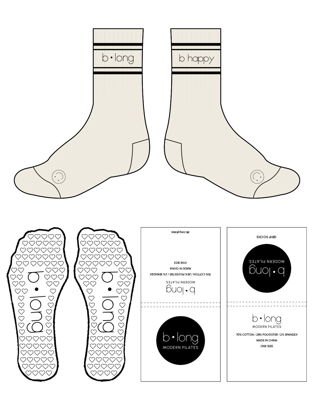 The Crew Sock - Cream - B Long Pilates - Top Lining & Bottom - Heart Grip - Black