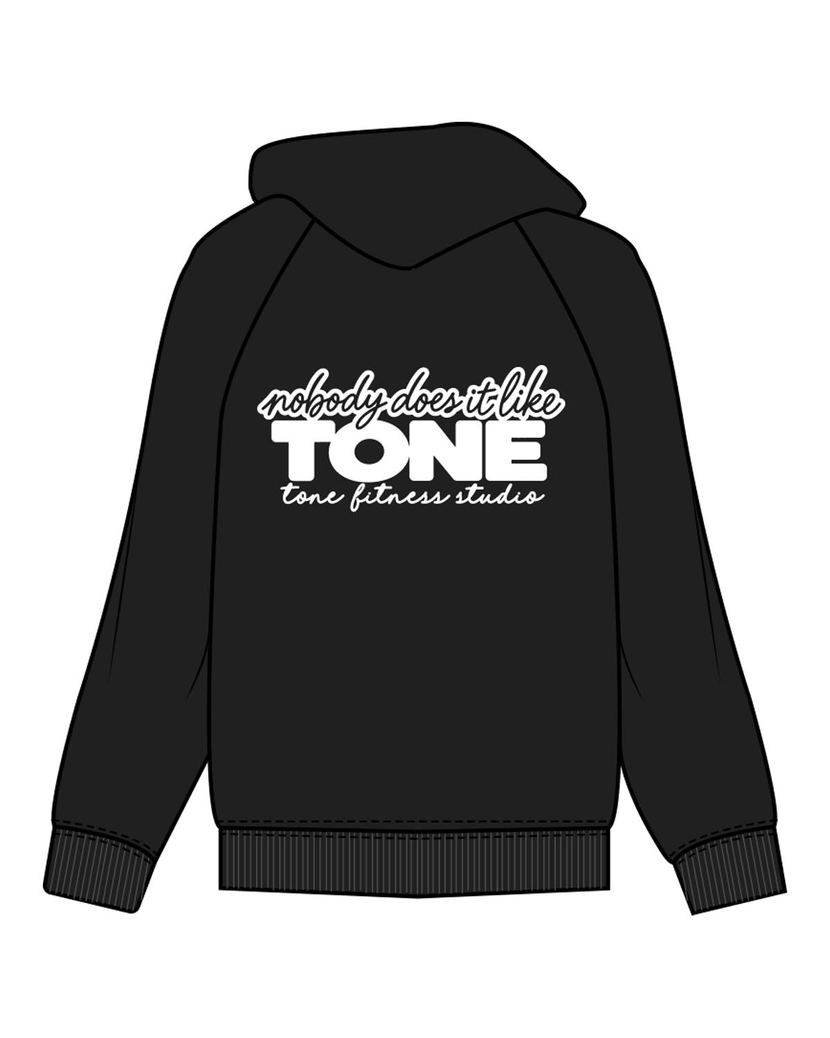 The Womens Zip Hoodie - Black - Tone Fitness Studio - Back Center - Printed - White