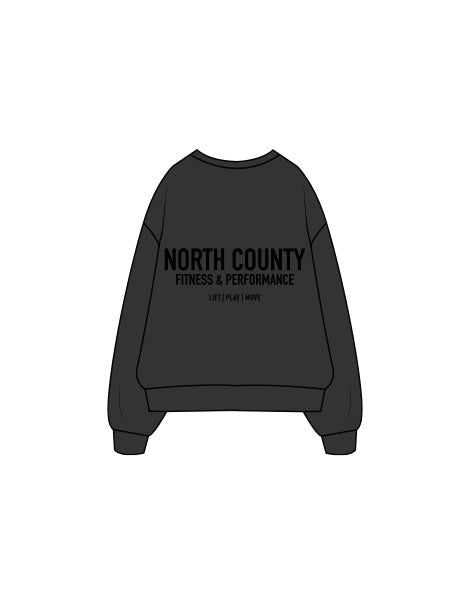The Womens Crewneck - Washed Black - North County - Left and Center Chest Stacked - Black