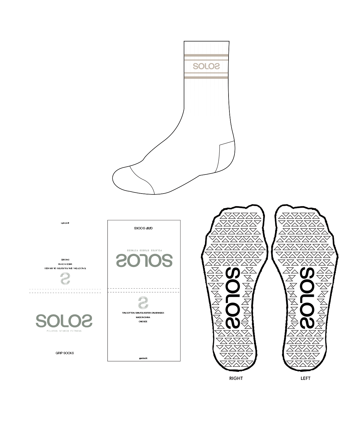 The Crew Grip Sock - White - Solo Pilates - Tan Logos / Tan Bands / Tan Grip