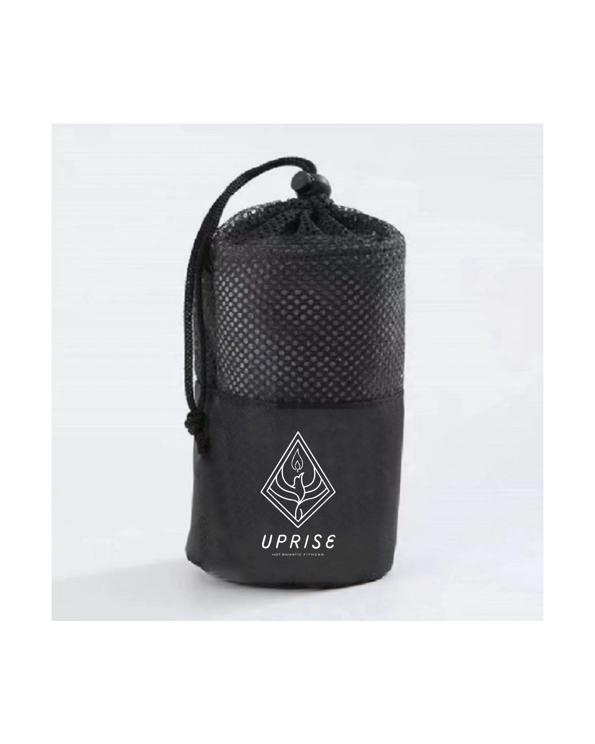 The Gym Towel - Black - Uprise Hot Yoga - Bottom Left - Printed - Black - The Gym Towel Bag  - Black - Front - Printed - White
