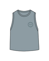 The Daily Crop Tank - Stonewash Denim - Pilates of Plantation - Left Chest - Printed - Dark Blue