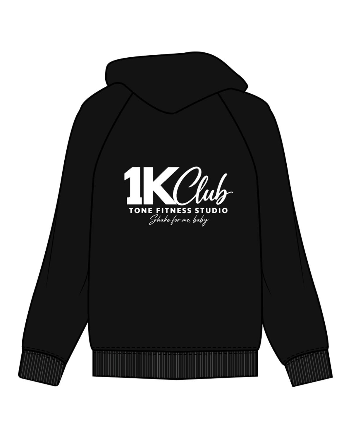 The Womens Zip Hoodie - Black - Tone Fitness Studio - Back Center - 1K Club - Printed - White