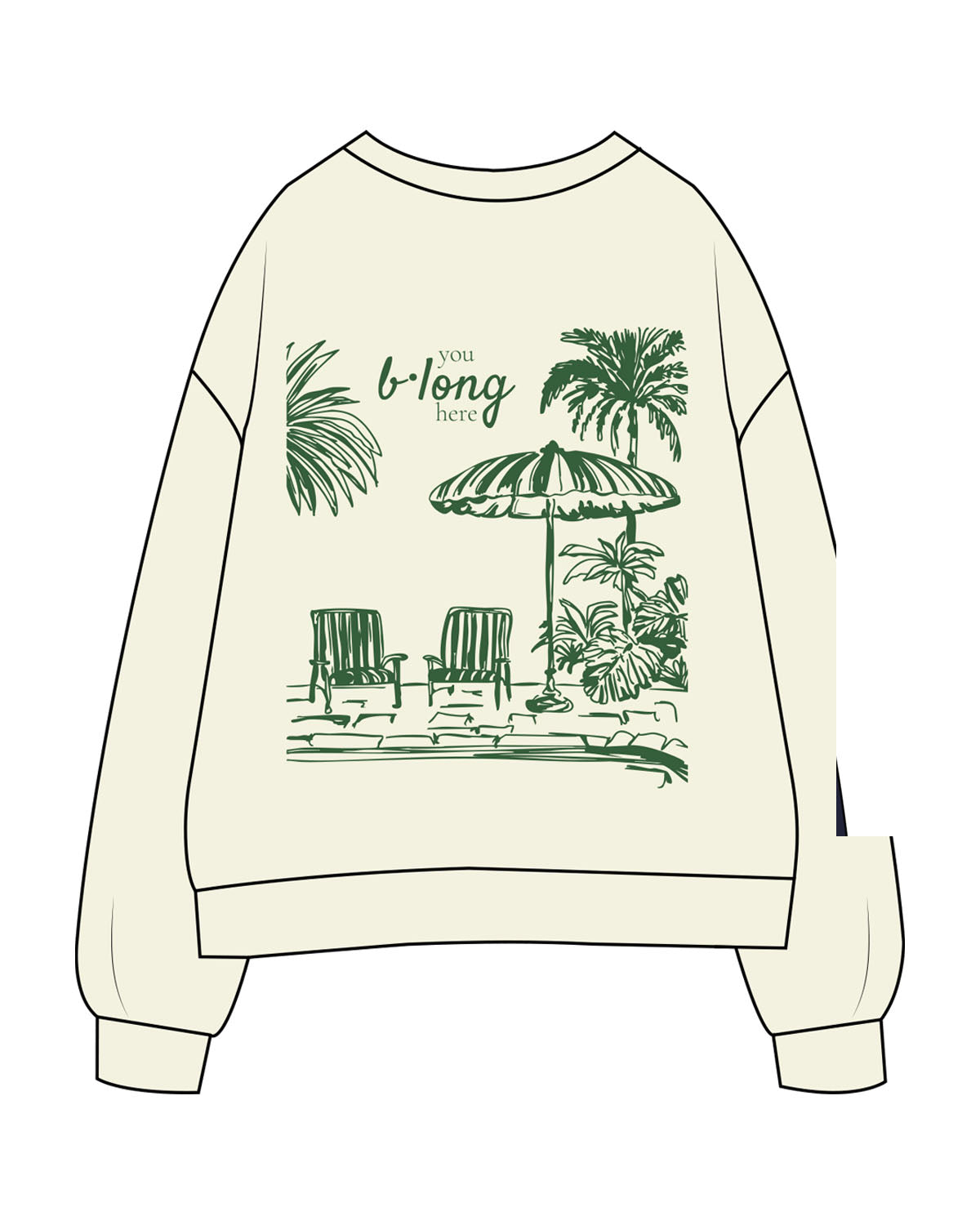 The Womens Crewneck - Butter - B Long Pilates - Left Sleeve - Embroidered - Green - Back Full Center - Printed - Green