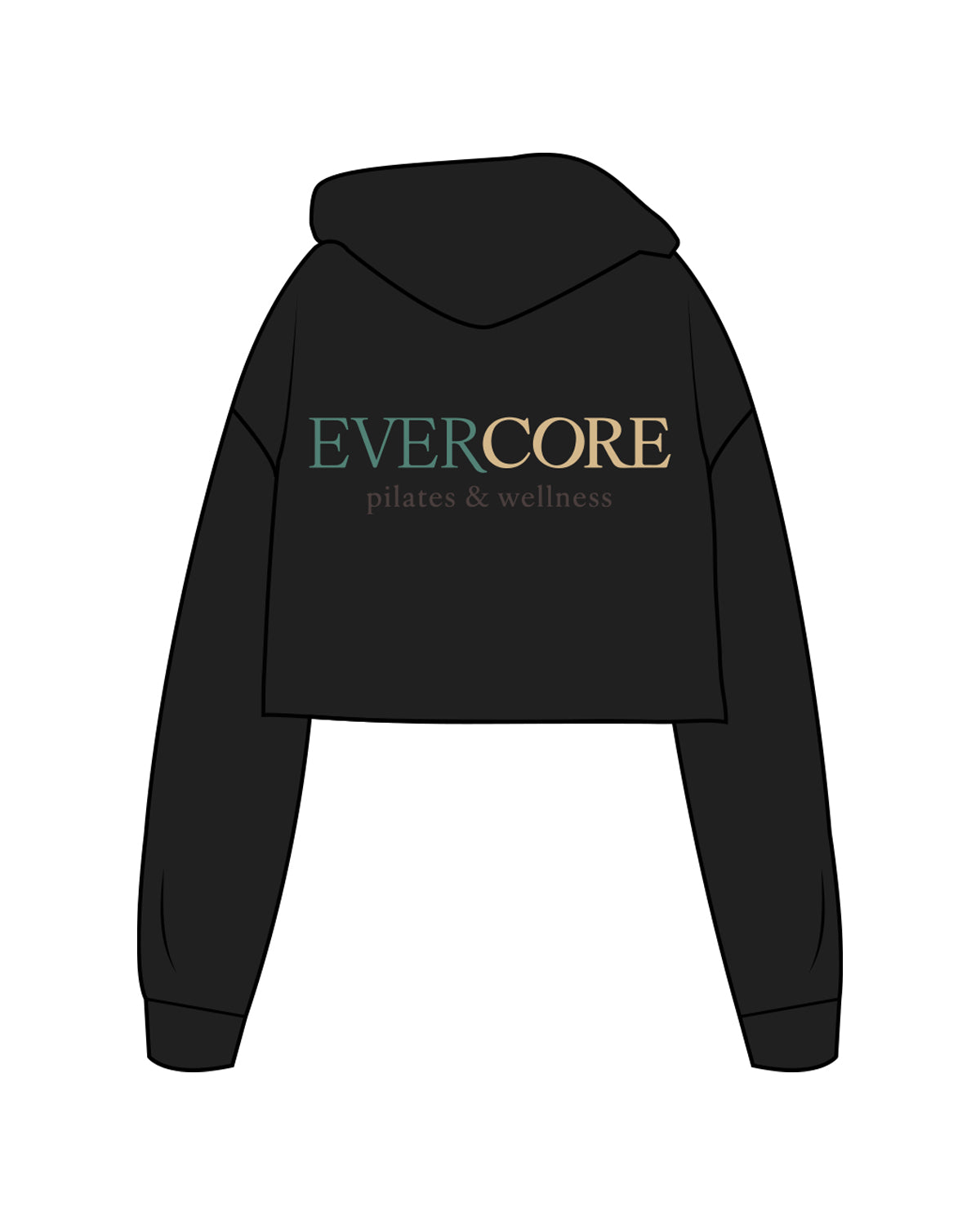 The Crop Terry Hoodie - Black - EVERCORE - Left Chest & Back Center Stacked - Full Color