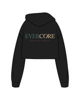 The Crop Terry Hoodie - Black - EVERCORE - Left Chest & Back Center Stacked - Full Color