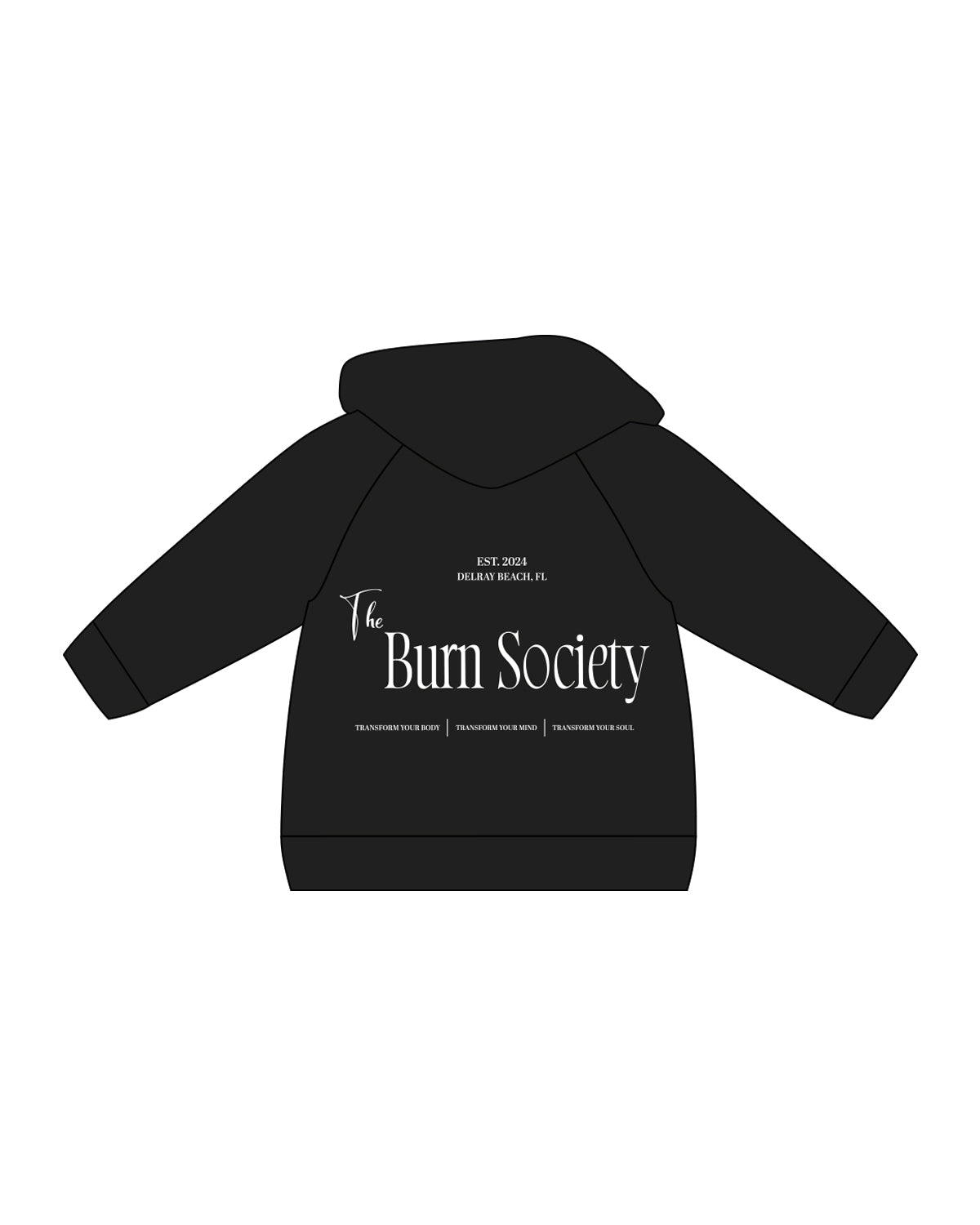 The Kids Hoodie - Black - The Burn Society - Left Chest - Fire - Back Sacked - 3 Layers - White