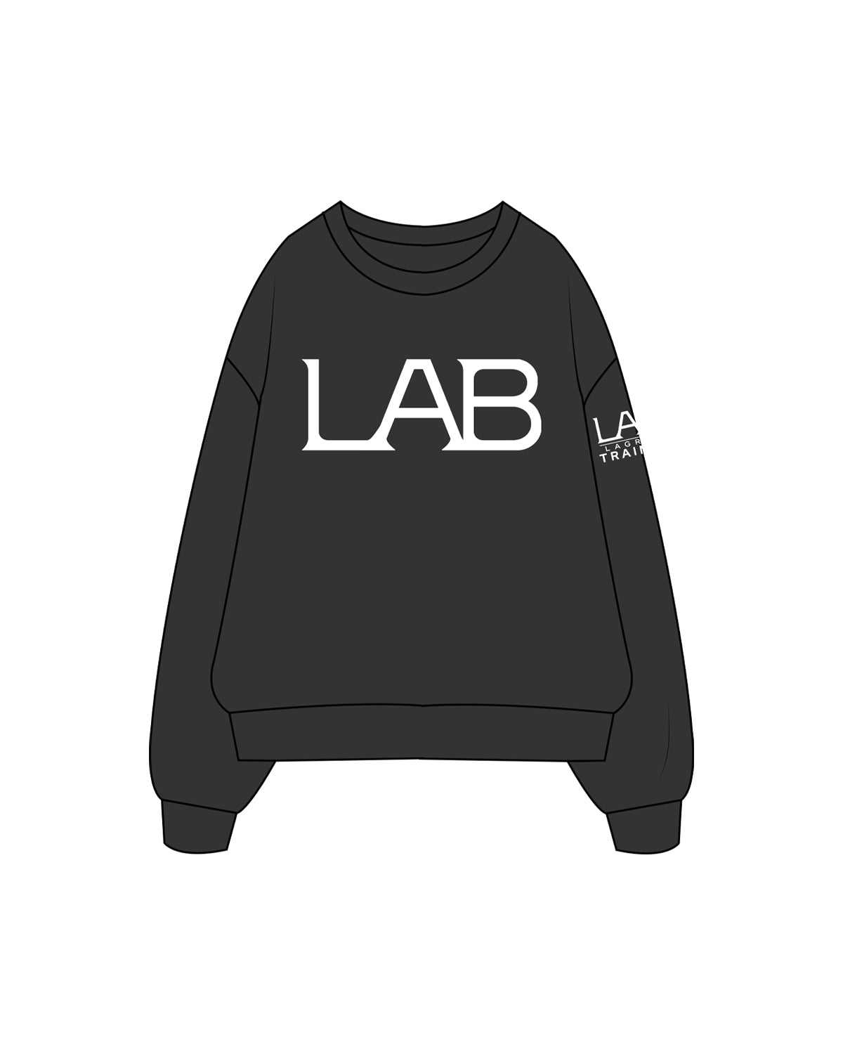 The Womens Crewneck - Washed Black - Lab Lagree - Center Chest & Left Sleeve - Trainer - White
