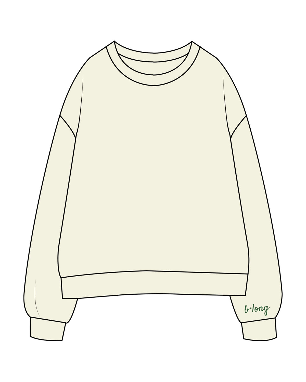 The Womens Crewneck - Butter - B Long Pilates - Left Sleeve - Embroidered - Green - Back Full Center - Printed - Green