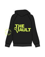 The Mens Hoodie - Black - Commit Fitness - The Vault - Right Bottom Pocket - Right Sleeve - Back Center Stacked - Neon Yellow