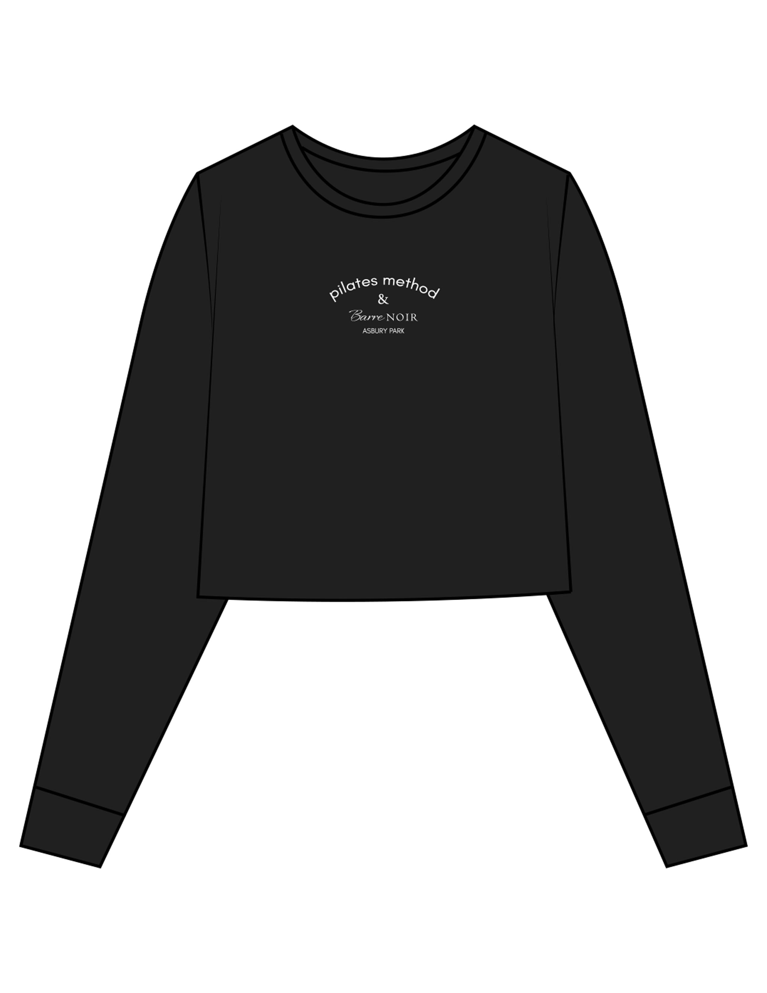 The Crop Long Sleeve - Black - Pilates Method/Barre Noir - Center Chest Arc Stacked - Printed - White