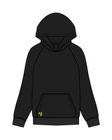 The Mens Hoodie - Black - Commit Fitness - The Vault - Right Bottom Pocket - Right Sleeve - Back Center Stacked - Neon Yellow