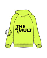 The Mens Hoodie - Neon Yellow - Commit Fitness - The Vault - Right Bottom Pocket - Right Sleeve - Back Center Stacked - Black