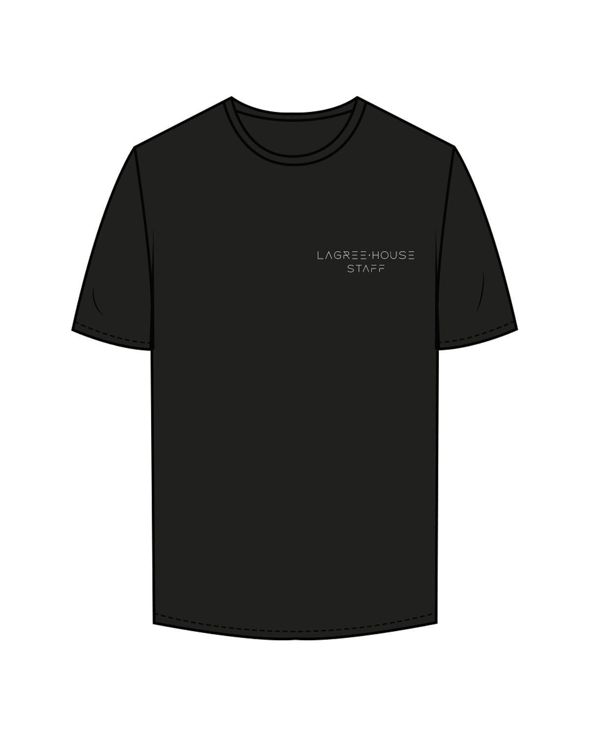 The Womens Tee - Black - Lagree House - Left Chest Stacked & Back Neckline - Staff - White