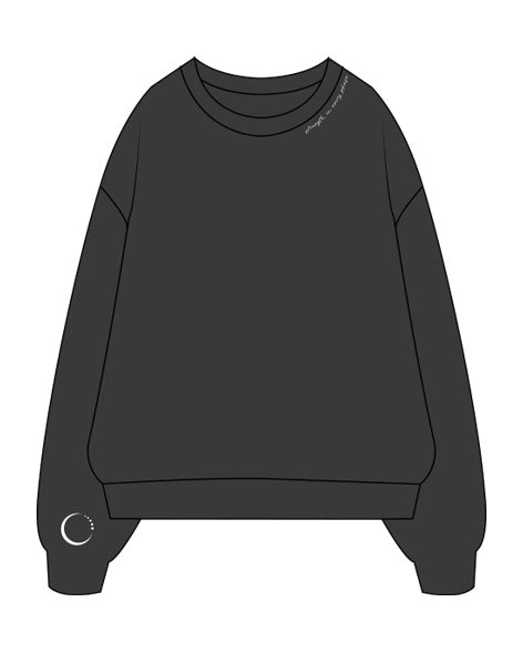 THE WOMENS CREWNECK - Washed Black - Core Crown Point - Front Left Neckline - Right Wrist - Back Right Neckline  - Printed - White