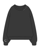 THE WOMENS CREWNECK - Washed Black - Core Crown Point - Front Left Neckline - Right Wrist - Back Right Neckline  - Printed - White