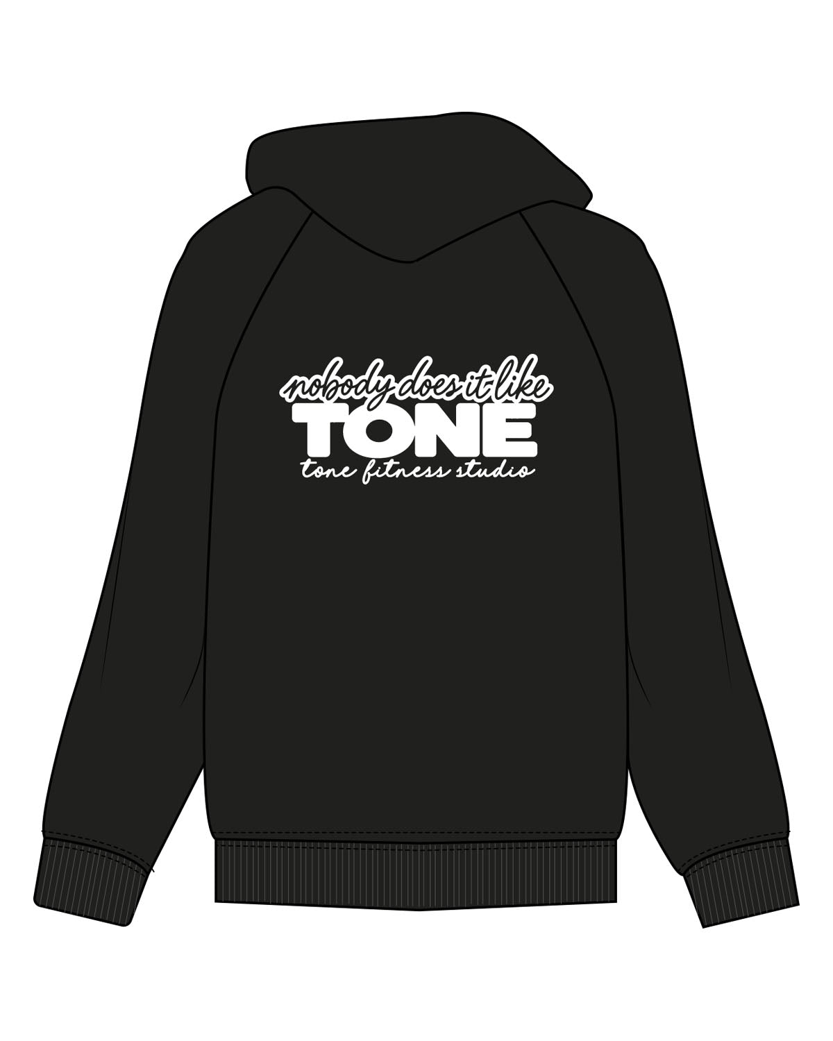 The Womens Hoodie - Black - Tone Fitness Studio - Left Chest - Back Stacked - Printed - White