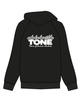The Womens Hoodie - Black - Tone Fitness Studio - Left Chest - Back Stacked - Printed - White