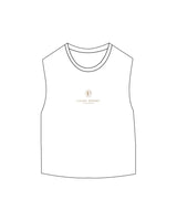 The Micro Rib Basic Crop Tank - White - Lucky Penny - Center Chest Stacked Logo - Embroidered - Brown