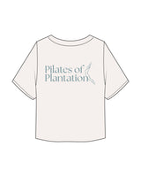 The Midweight Crop Tee - Ivory - Pilates of Plantation - Left Chest - Back Center Stacked - Prined - Blue - #739199