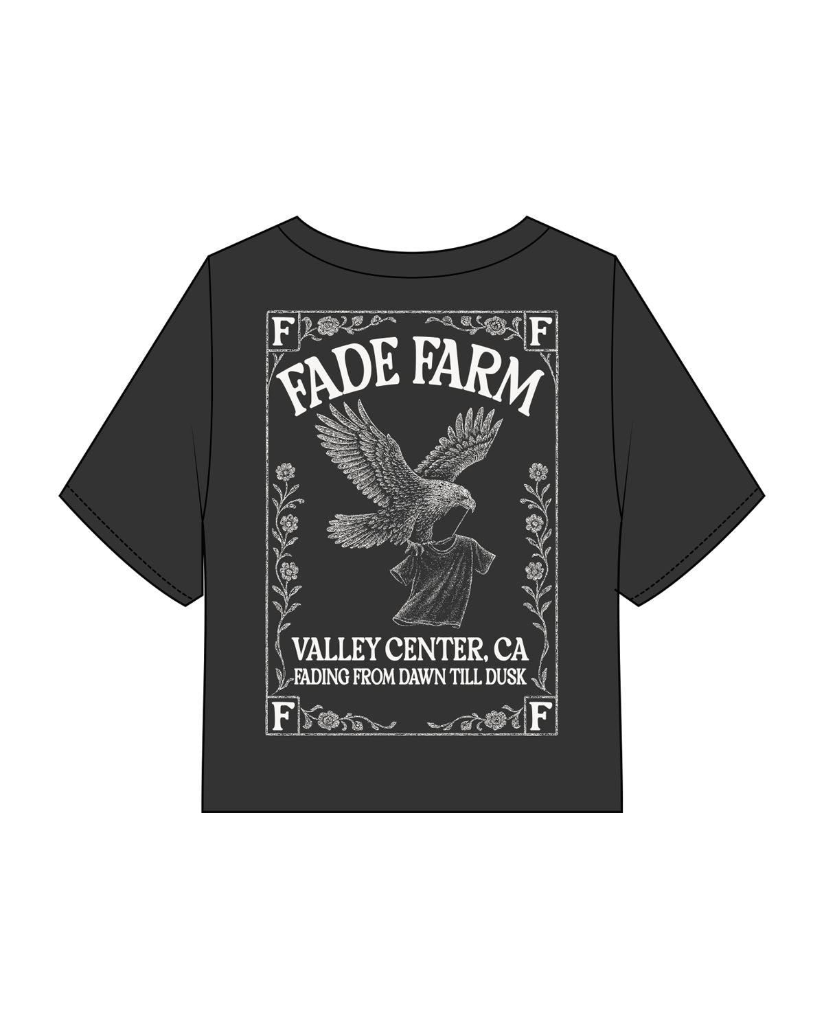 The Heavyweight Crop Tee - Washed Black - FadeFarm - Left Chest Stacked & Back Stacked - Printed - Off White