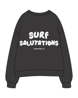 The Womens Crewneck - Washed Black - Surf Salutations - Left Chest & Center Back Stacked - Printed - White