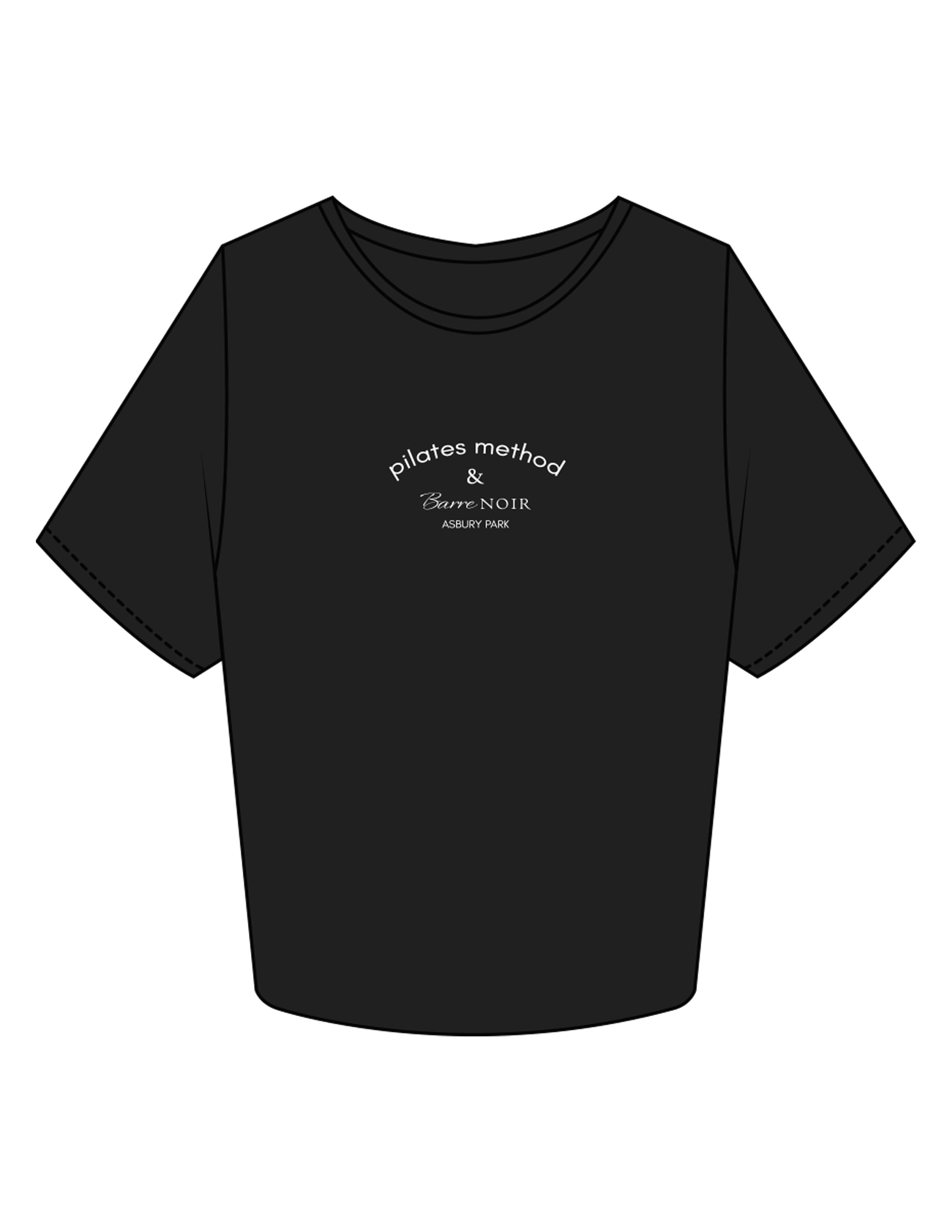 The Crop Tee - Black - Pilates Method/Barre Noir - Center Chest Arc Stacked - Printed - White