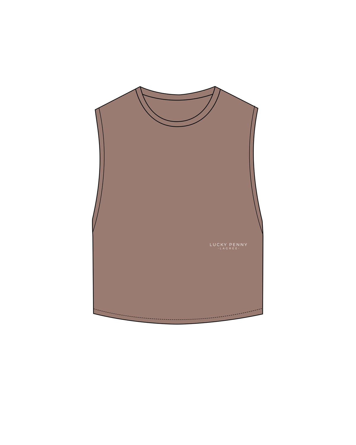 The Crop Muscle Tank - Cacao - Lucky Penny - Lower Left Stacked - Embroidered - White
