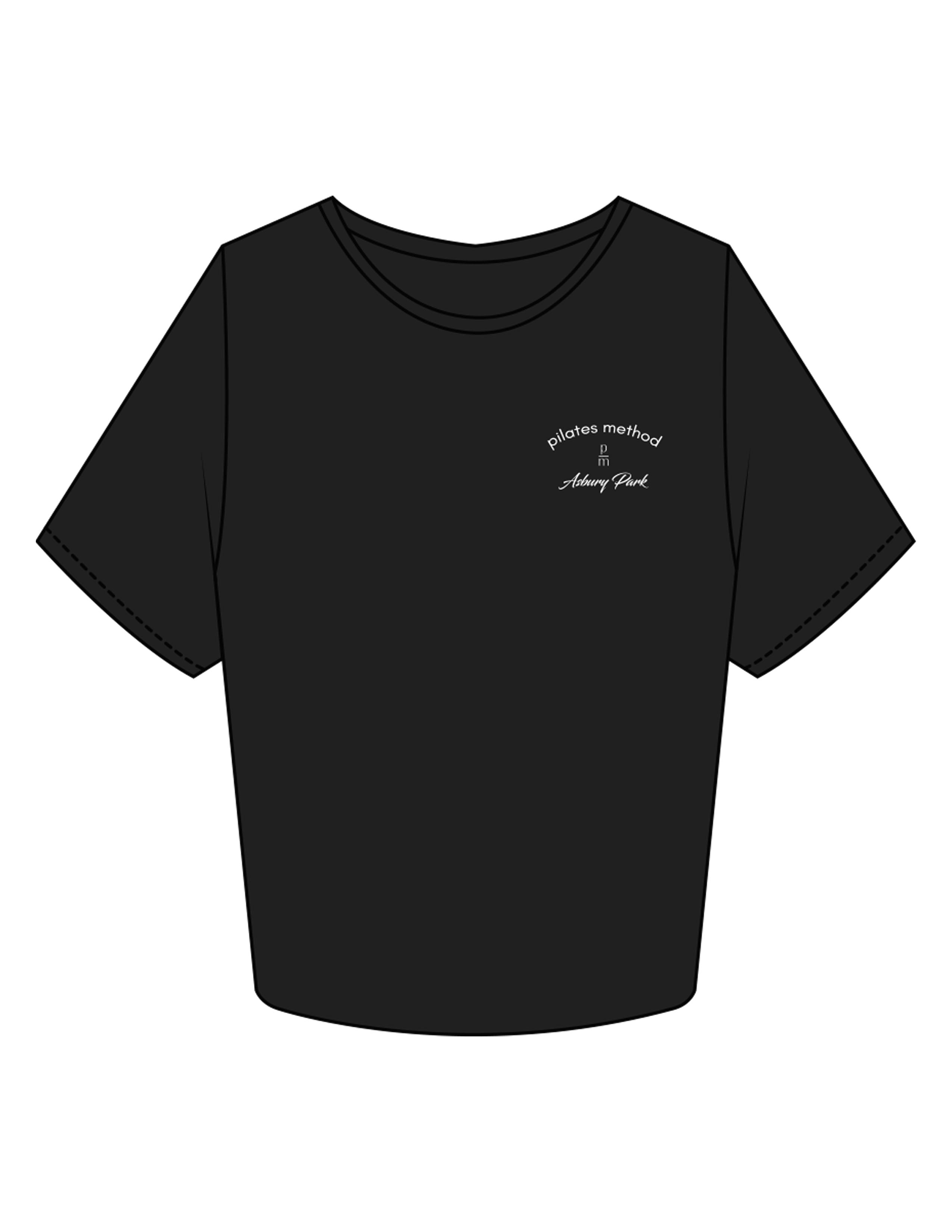The Crop Tee - Black - Pilates Method/Barre Noir - Left Chest Arc Stacked - Printed - White